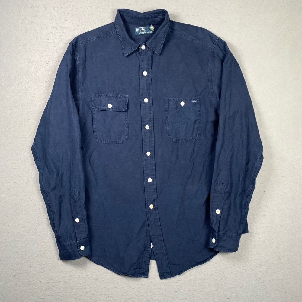 Vintage Polo Ralph Lauren Button Up Mens Large Navy Silk Linen Long Sleeve Shirt